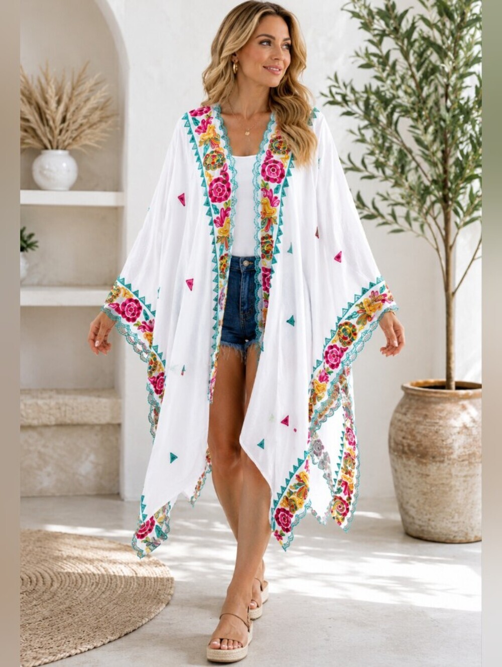 Plus Size White Embroidered Floral Kimono Cover-Up